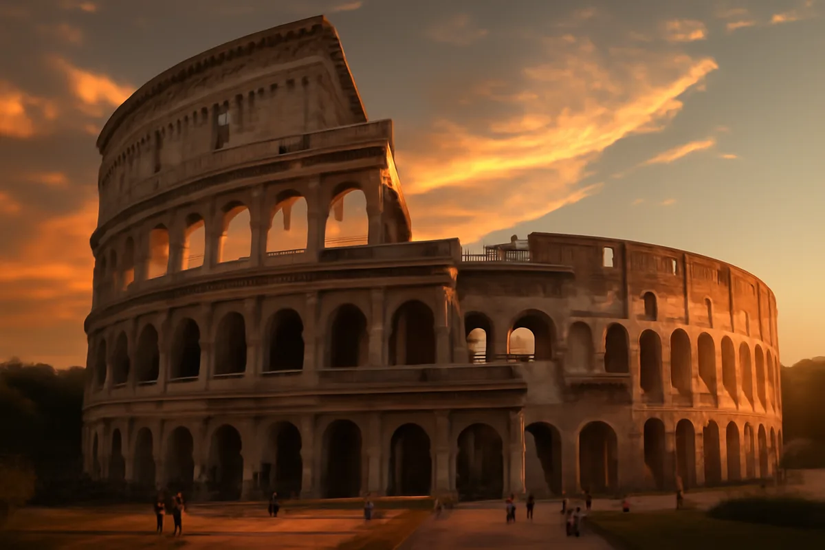 Golden hour view of the Roman Colosseum with warm sunlight illuminating the ancient stone architecture and small silhouettes of tourists exploring the historic site