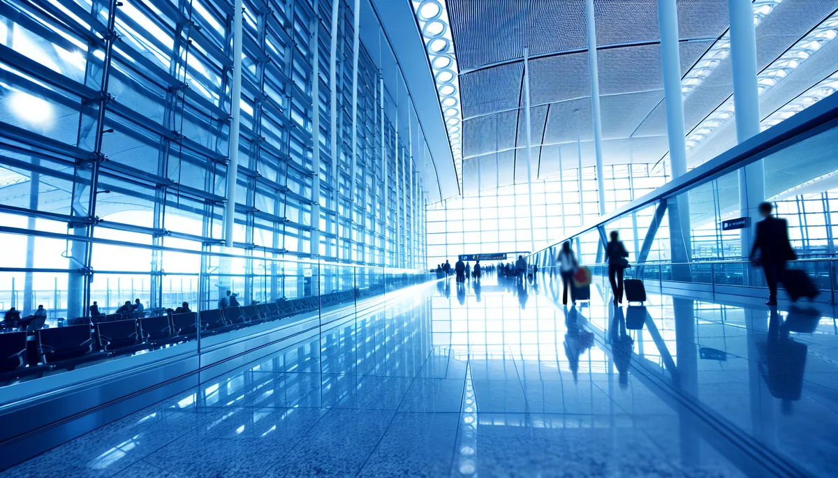 Modern airport terminal interior with glass architecture and travelers walking through bright corridors with natural lighting