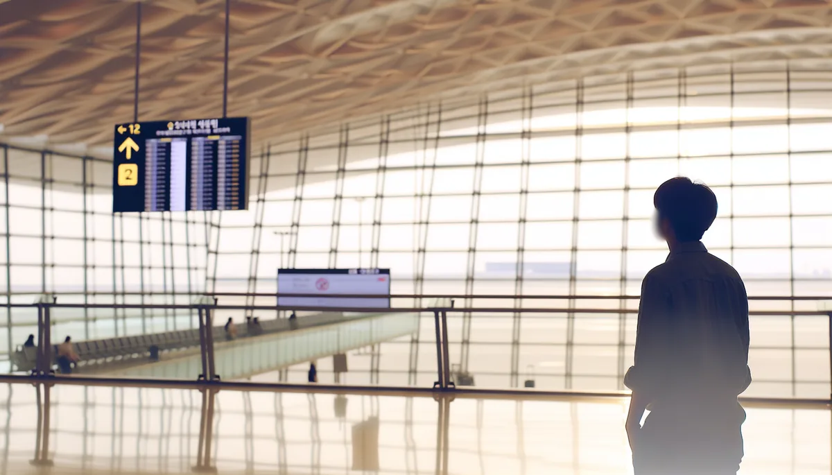 Silhouette of a person standing in a modern airport terminal looking at flight information, with natural lighting creating a warm, contemplative travel atmosphere