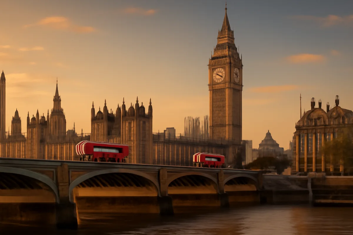 Scenic view of London's Westminster area featuring Big Ben, the Thames River, and red double-decker buses during golden hour