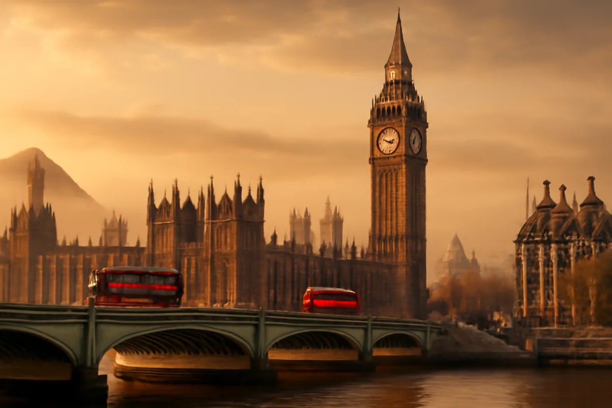 Panoramic view of London's iconic skyline featuring Big Ben and the Thames River with red double-decker buses, transitioning to misty Scottish Highland mountains in the background during golden hour