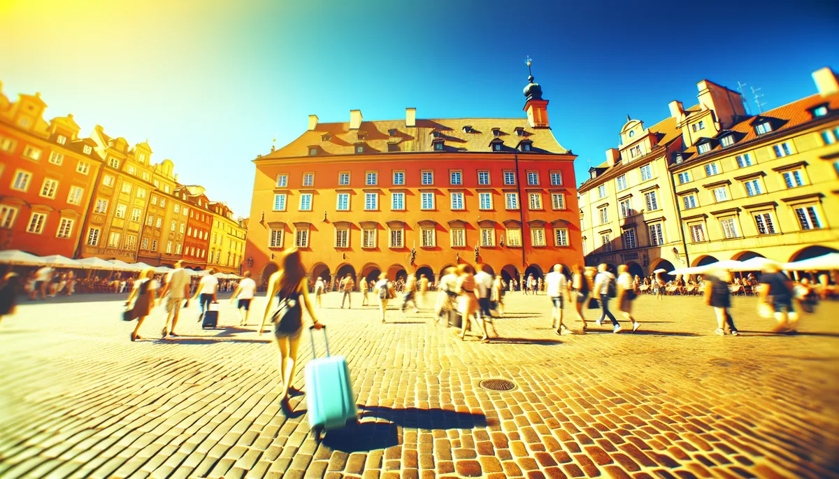 European plaza filled with summer travelers walking with luggage through a historic cobblestone square with traditional architecture under golden sunlight