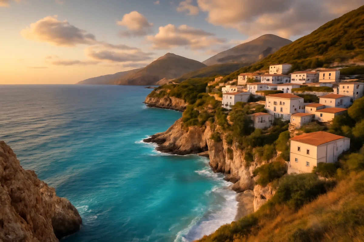 Panoramic view of the Albanian Riviera coastline with crystal-clear turquoise Adriatic waters, dramatic limestone cliffs, and a traditional whitewashed hilltop village bathed in golden hour sunlight