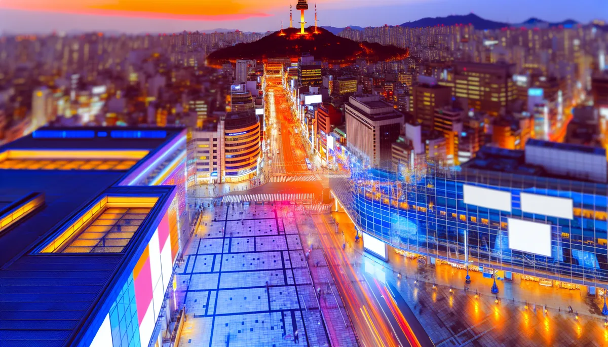 Seoul cityscape at twilight with Namsan Tower and illuminated urban streets