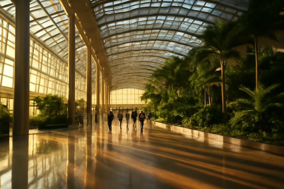 Stunning interior of a world-class modern airport terminal featuring a soaring glass ceiling, tropical indoor garden, and warm natural light with traveler silhouettes in the distance