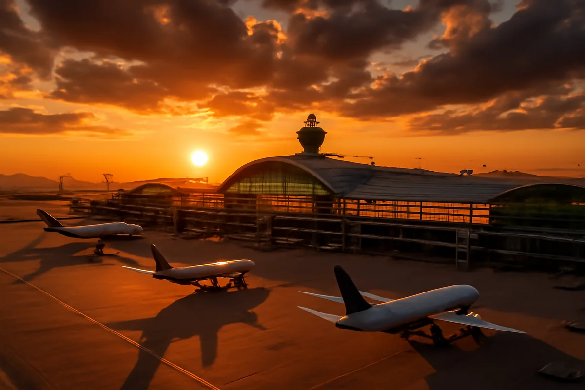 Aerial view of a large international airport terminal at sunset with commercial aircraft on the tarmac, bathed in warm golden hour light against a dramatic orange sky