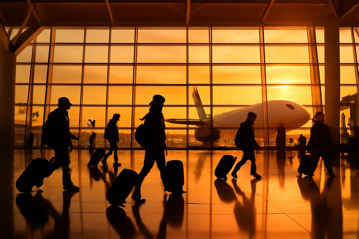 A busy international airport departure terminal at golden hour, with silhouetted travelers and their luggage visible against large windows overlooking aircraft on the tarmac