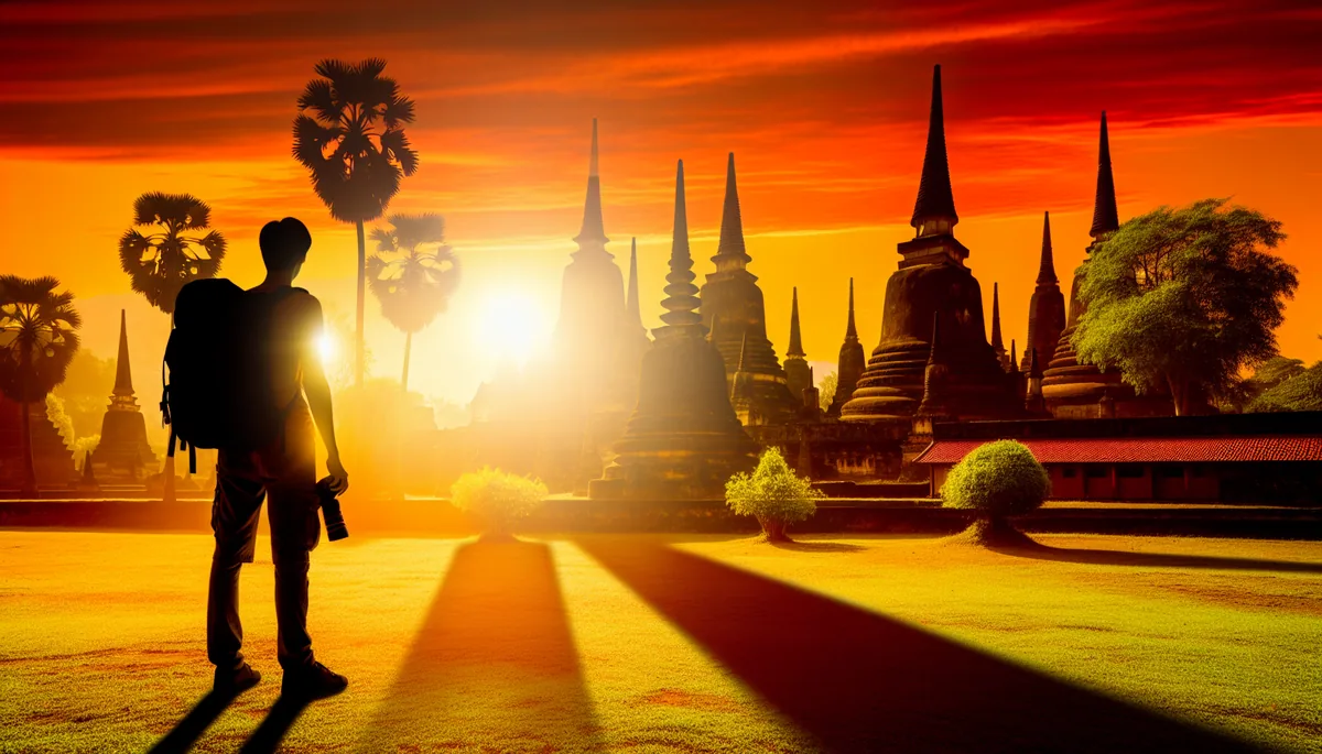 Silhouette of a backpacker viewing ancient Southeast Asian temple complex with golden pagodas and palm trees during sunset