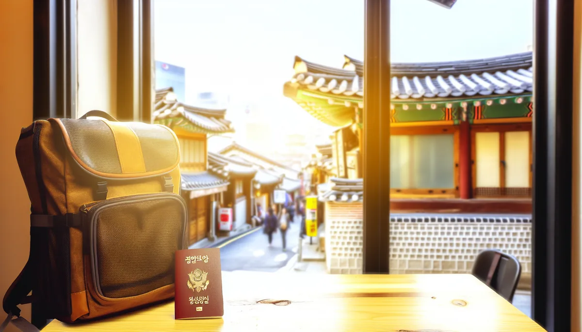 Travel preparation scene with backpack and passport on cafe table overlooking Korean street
