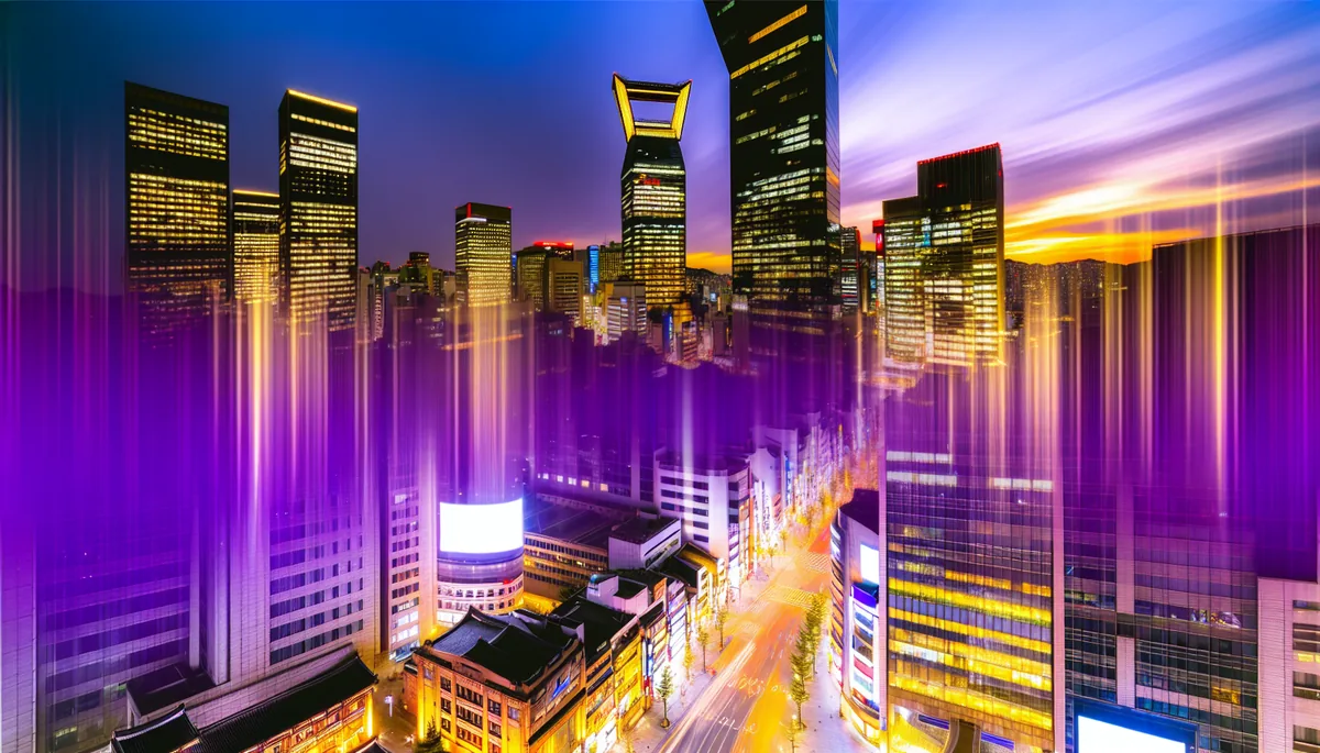 Seoul cityscape at twilight showing modern skyscrapers and traditional Korean architecture with warm golden lighting