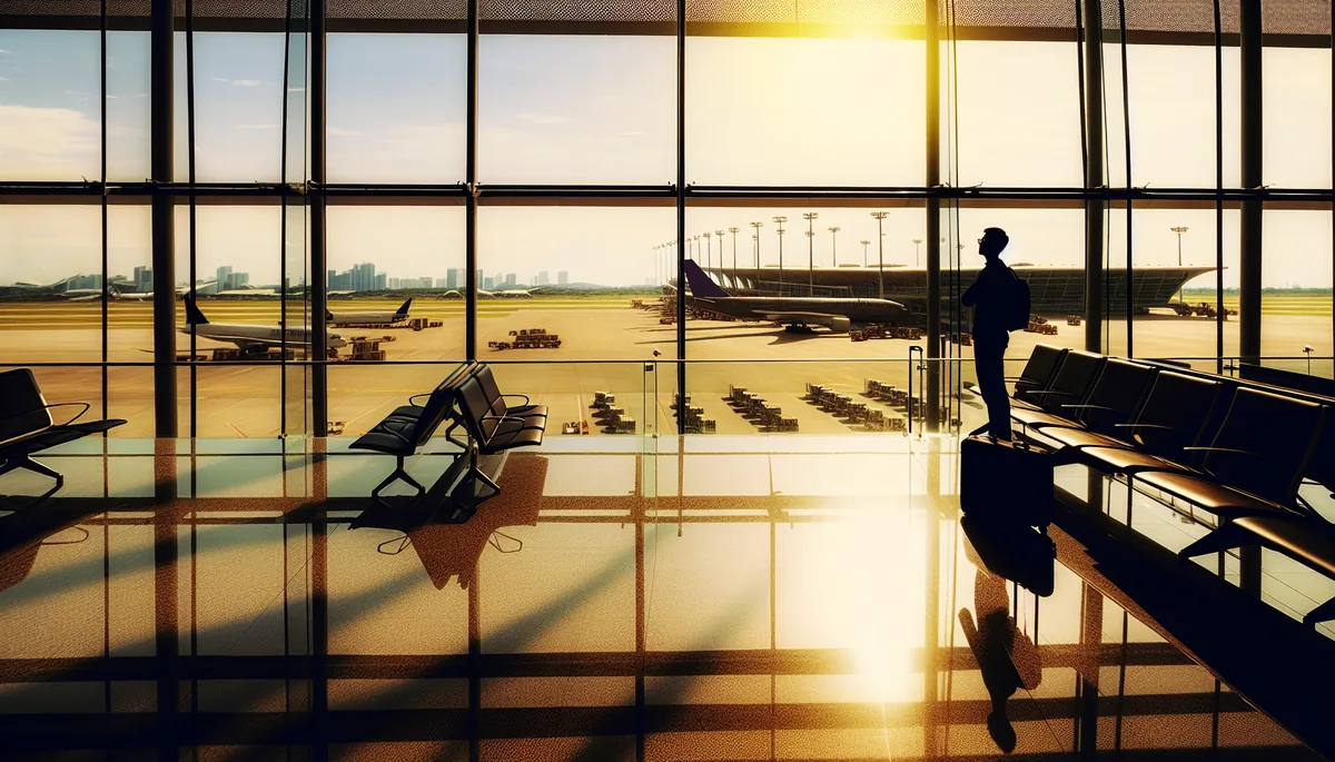 Silhouette of a traveler at an airport departure gate during golden hour, with planes visible on the tarmac through large windows