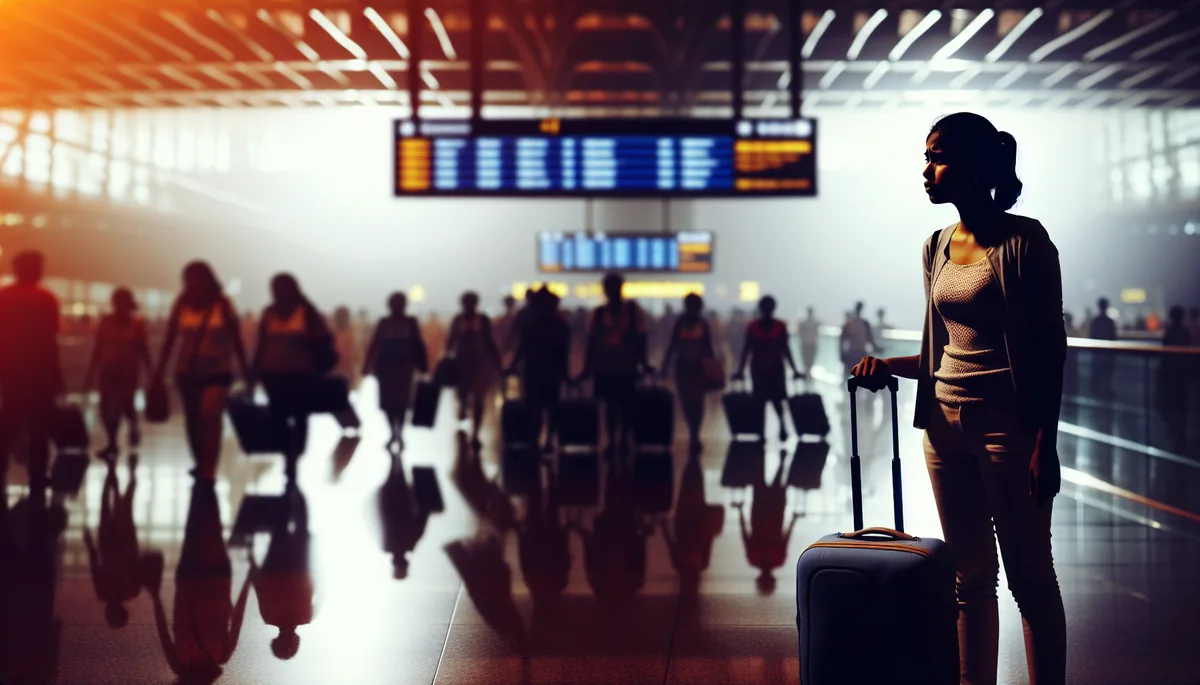 Silhouette of a traveler with luggage standing at an airport departure gate, conveying uncertainty and travel preparation concerns