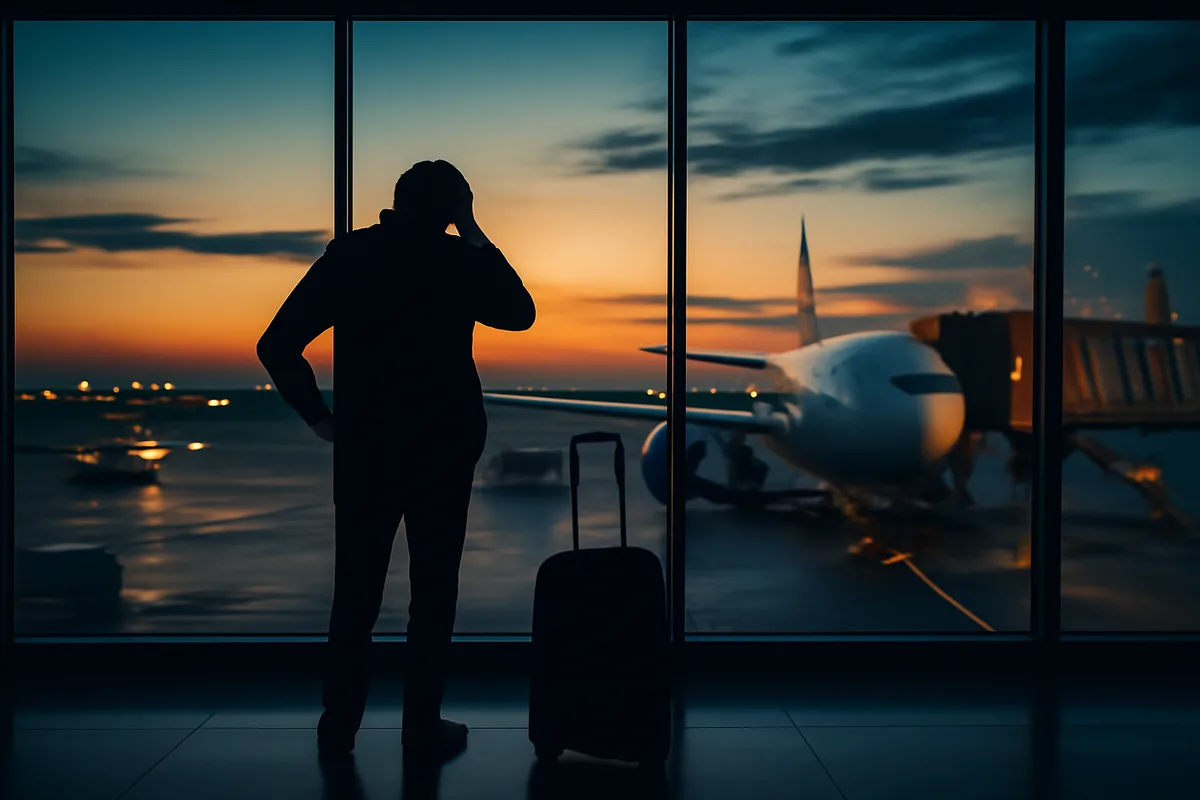 A lone traveler's silhouette standing at an international airport terminal window at dusk, with airplanes visible on the tarmac under a warm amber and blue sky