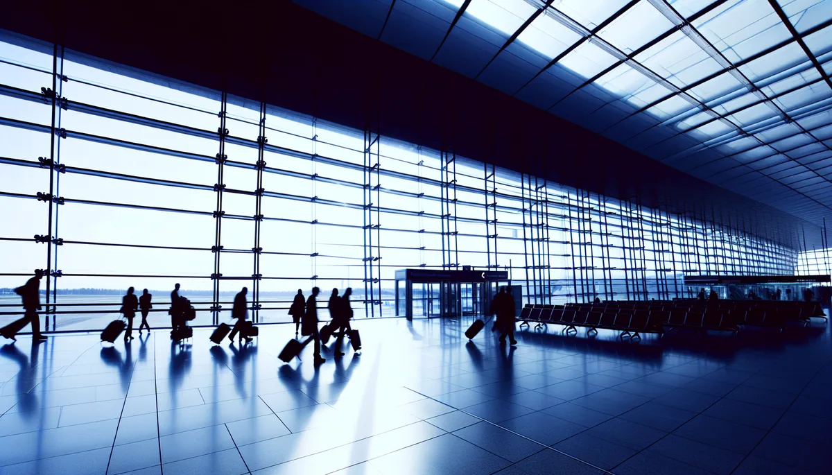 Modern airport departure lounge with travelers walking through bright, spacious terminal with large windows and contemporary architecture
