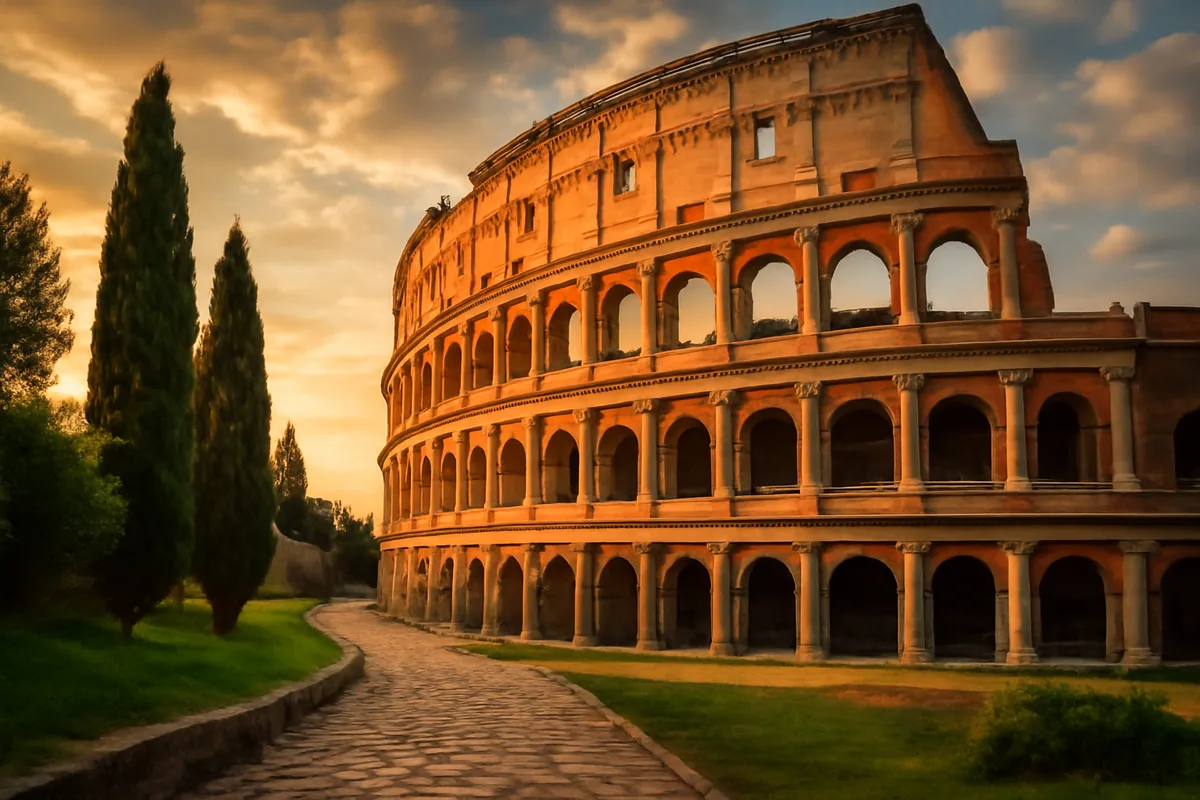 The Roman Colosseum bathed in golden hour sunlight, with ancient stone arches glowing warmly against a dramatic sky and cypress trees in the foreground