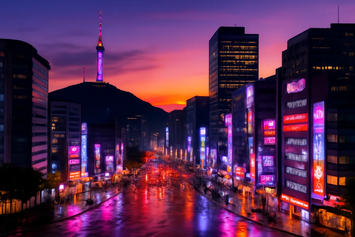 Seoul cityscape at twilight showing N Seoul Tower and modern skyscrapers with colorful neon lights reflecting on wet streets