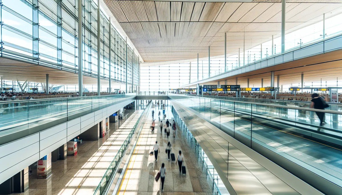 Modern international airport terminal with travelers walking through bright, spacious corridors with large windows and contemporary architecture