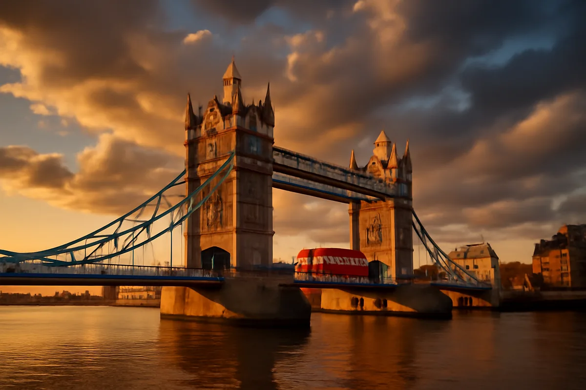 A classic red double-decker bus crossing London's Tower Bridge at golden hour, with the River Thames reflecting warm light below and dramatic clouds in the sky.