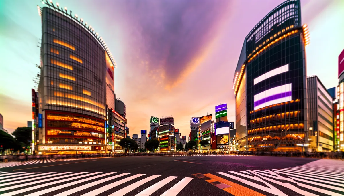 Aerial view of Tokyo's famous Shibuya crossing at sunset with glowing city lights and busy pedestrian traffic
