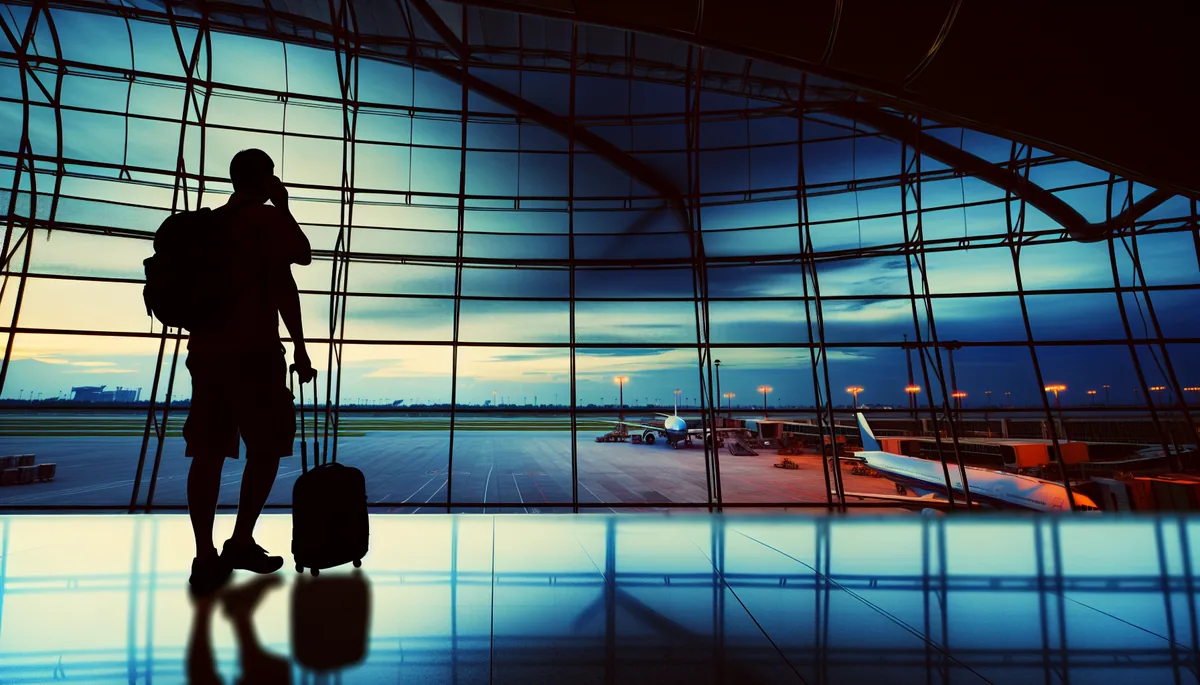 Silhouette of a traveler standing at an airport terminal window during sunset, conveying the feeling of being disconnected while traveling abroad