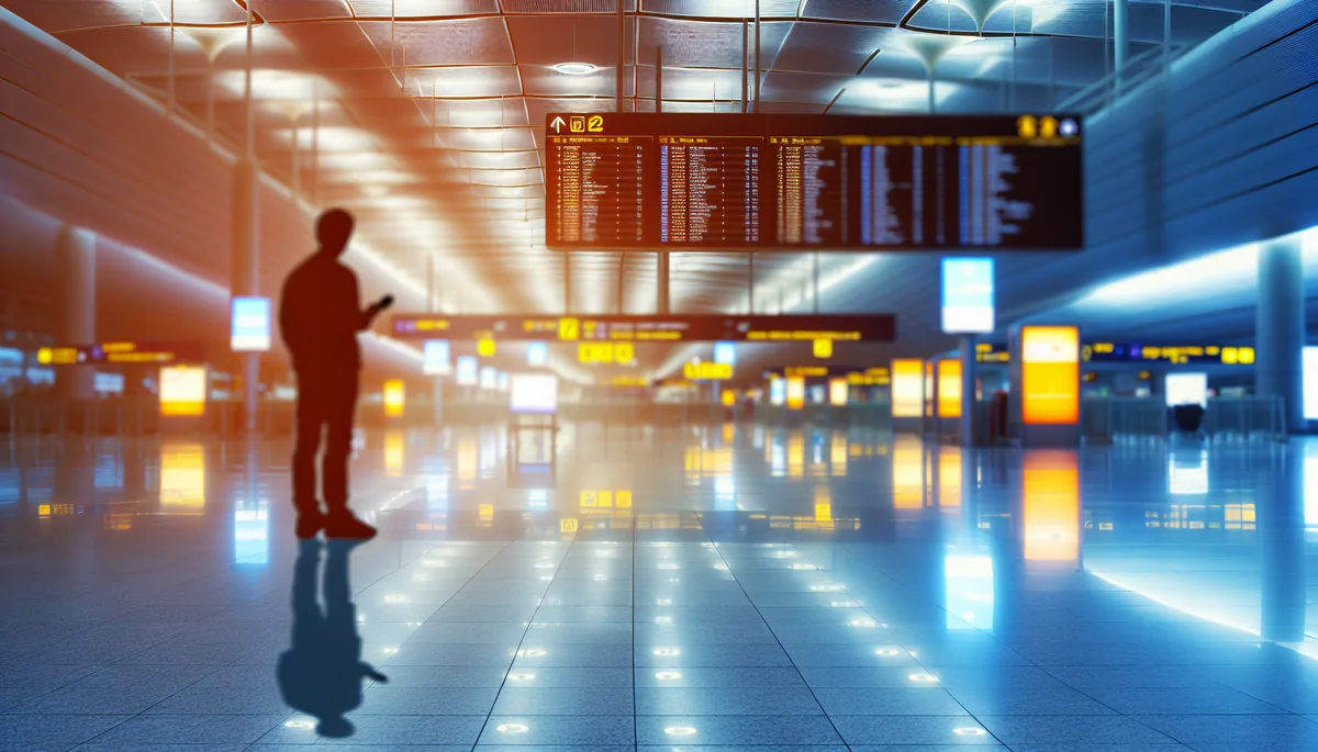 Silhouette of a traveler standing in an airport terminal with departure boards visible in the blurred background