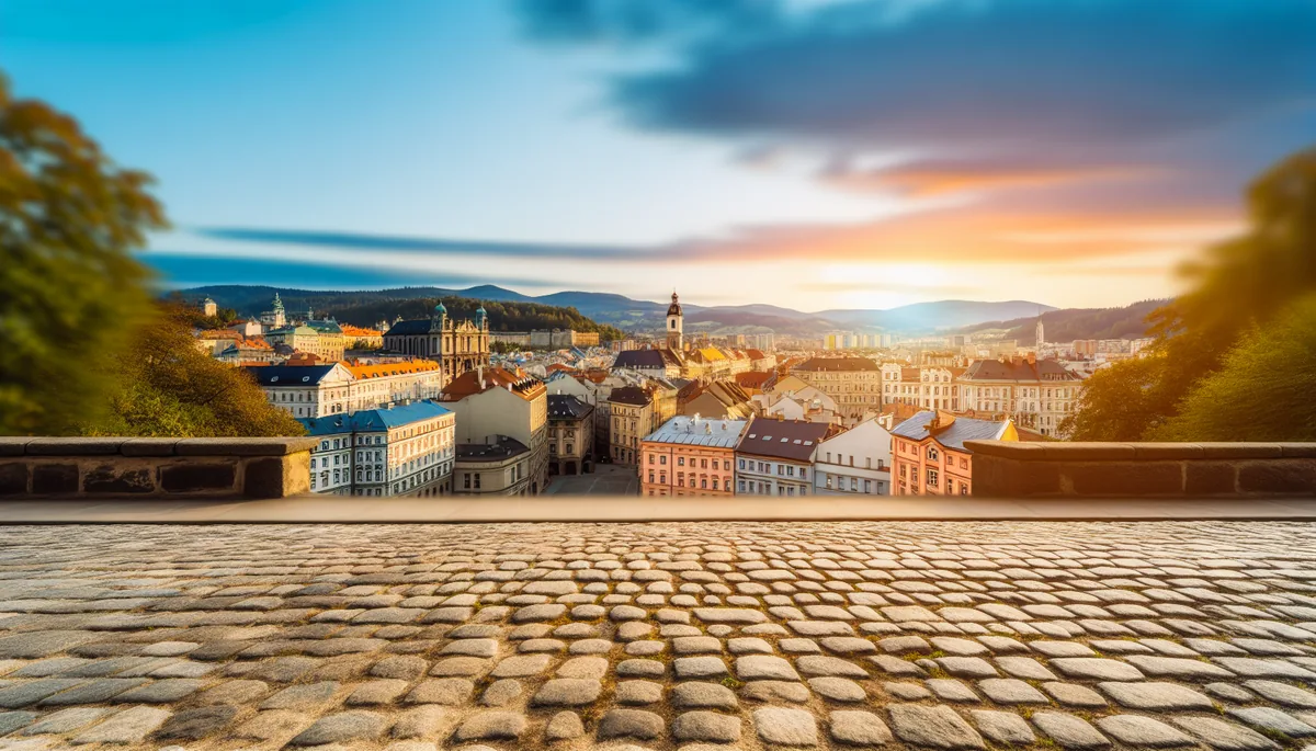 Panoramic view of a European city with historic and modern architecture during golden hour, featuring cobblestone streets and distant mountains