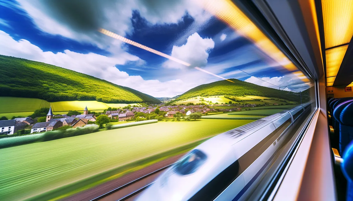 A European high-speed train traveling through picturesque countryside with rolling hills and small villages in the background