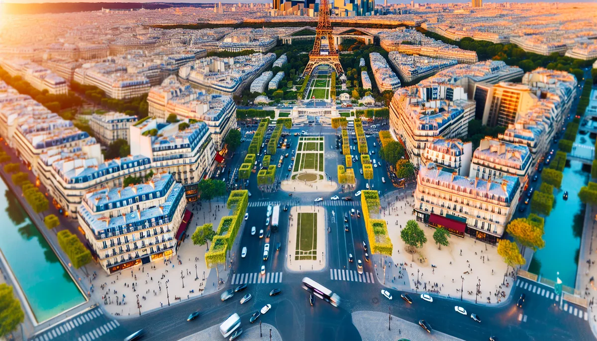 Aerial view of Paris showing the Eiffel Tower and surrounding Parisian architecture during golden hour