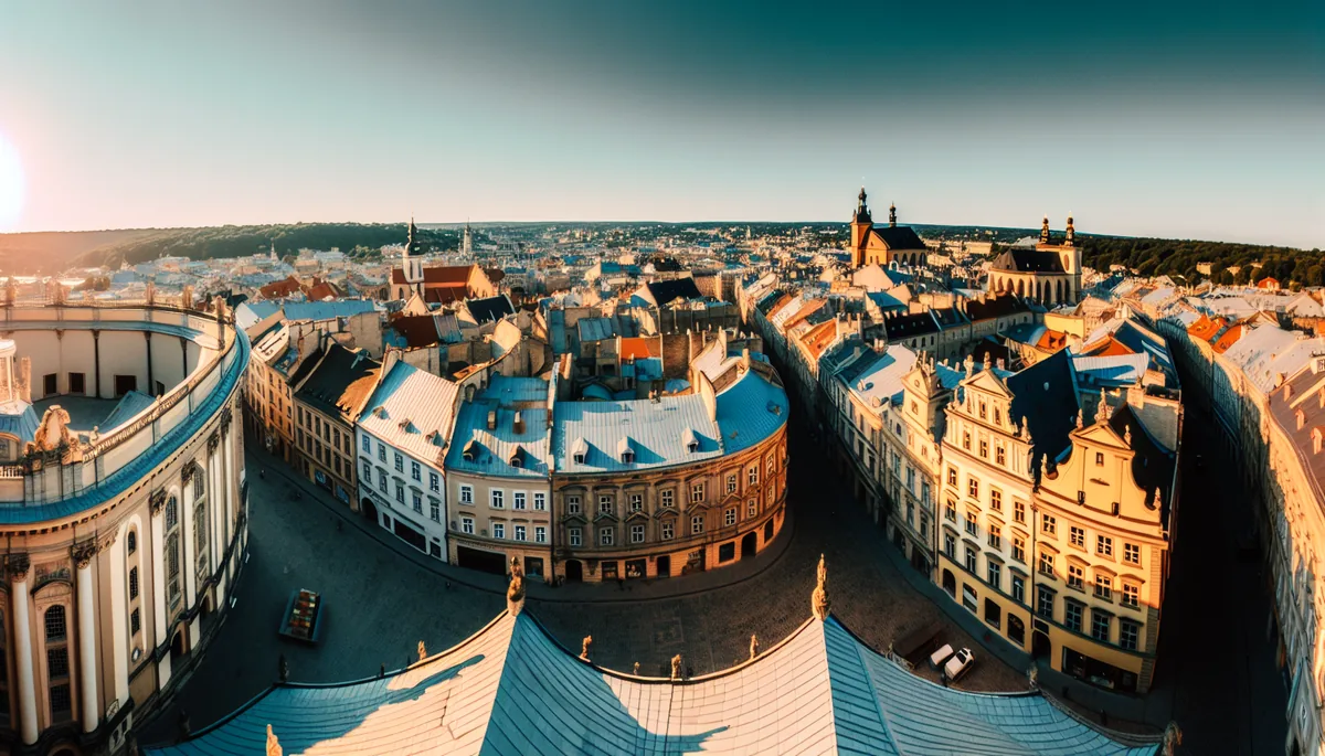 Panoramic view of a European city featuring historic architecture, cobblestone streets, and traditional buildings bathed in golden hour lighting