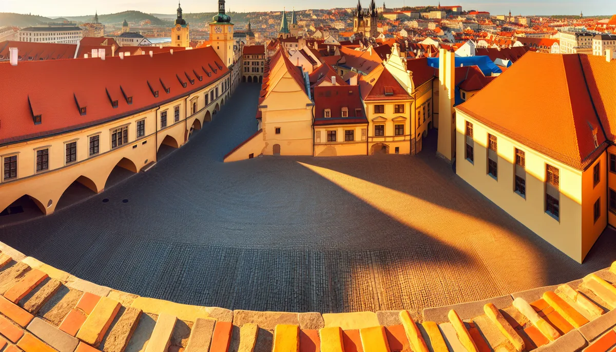 Panoramic view of a European city with historic cobblestone streets, traditional architecture, and warm golden hour lighting creating an inviting travel atmosphere