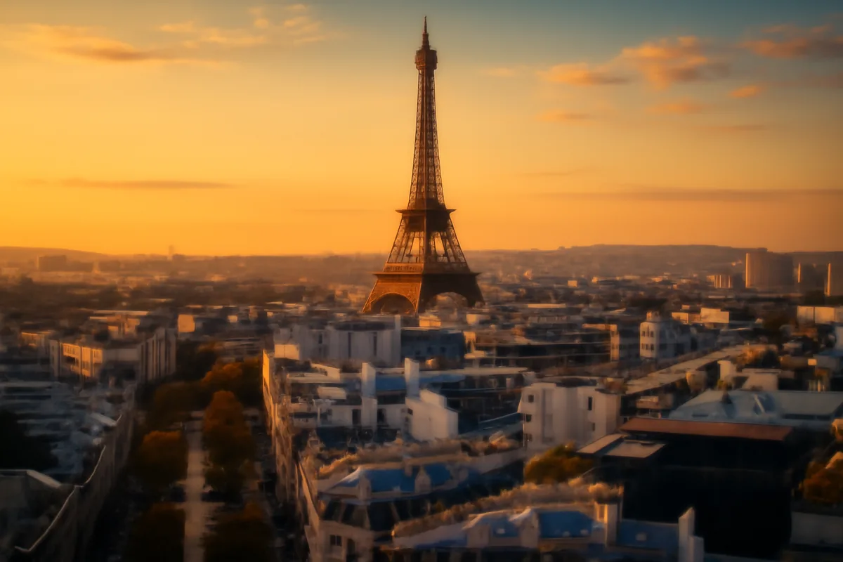 Golden hour view of the Eiffel Tower towering above classic Parisian rooftops with the Seine River visible in the background, bathed in warm amber light.
