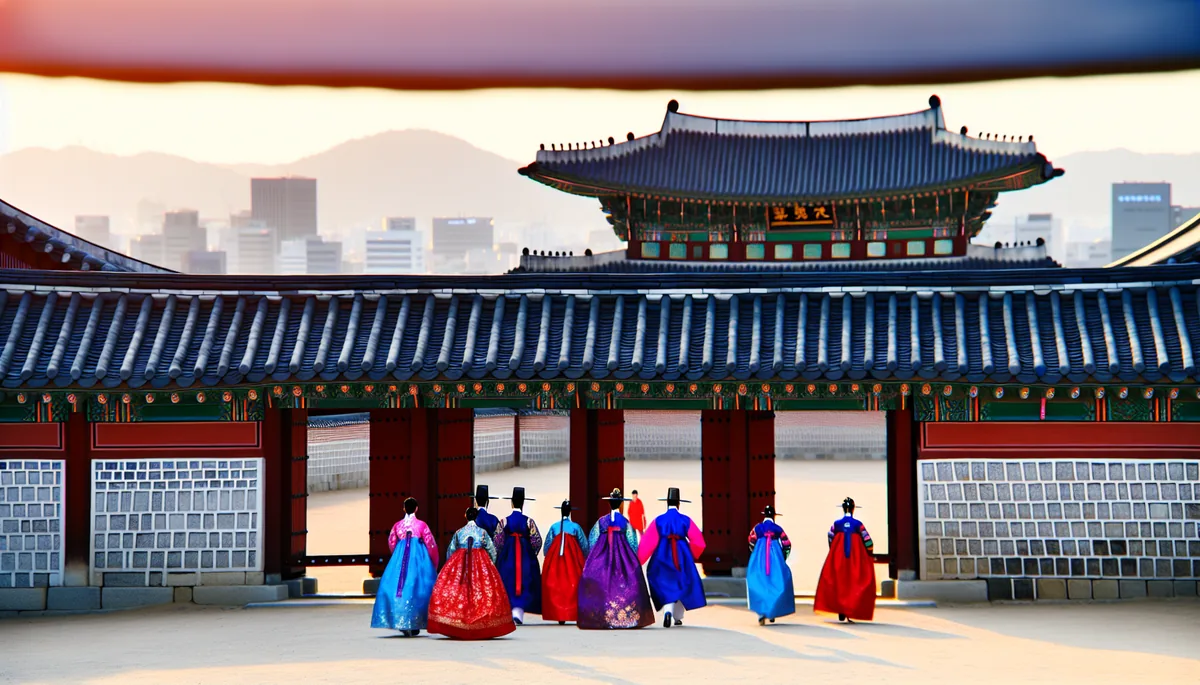 Traditional Korean palace courtyard with people in hanbok walking through ornate gates, Seoul modern skyline visible in the background during golden hour
