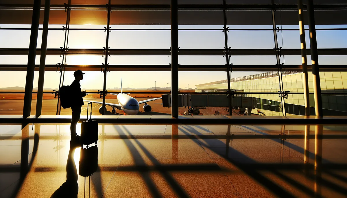 Silhouette of a traveler with backpack standing at airport departure gate during golden hour, with airplane visible through large windows