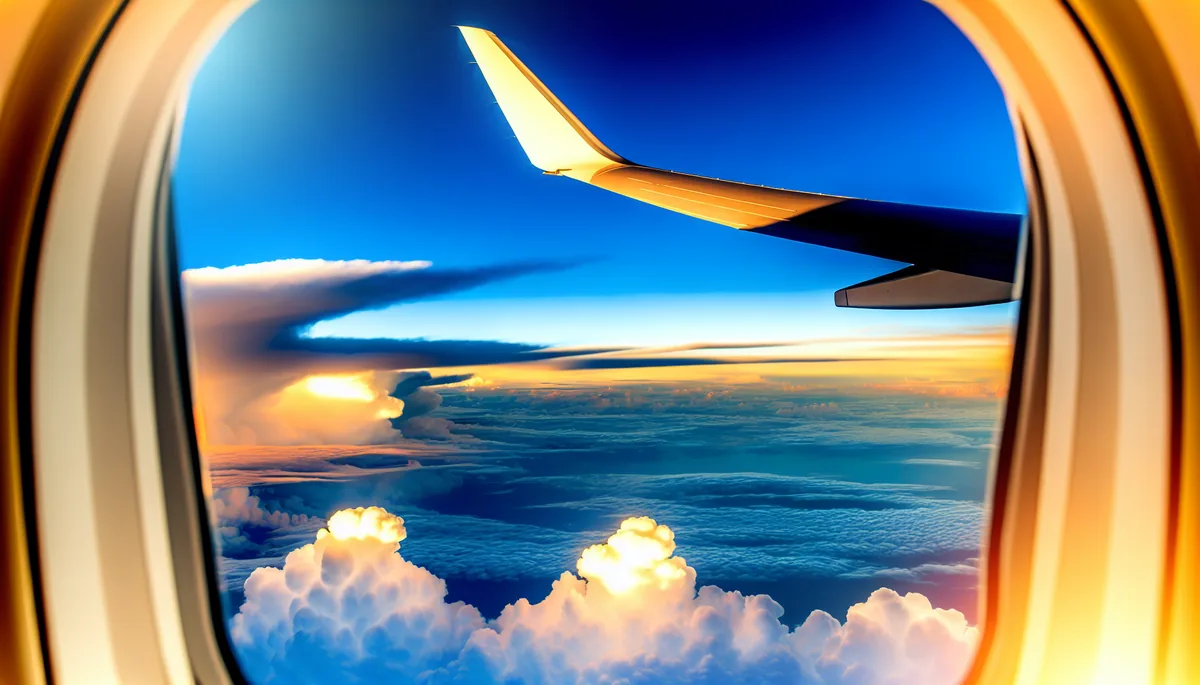 Aerial view from airplane window showing wing, clouds, and sky during golden hour flight