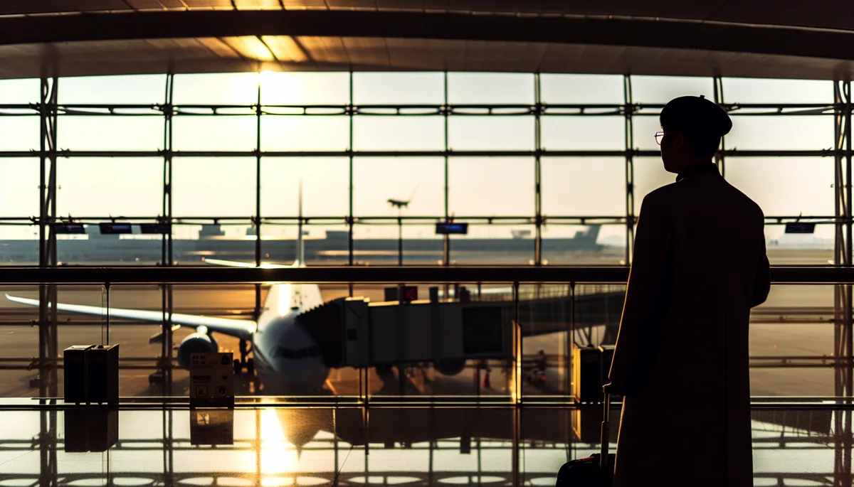 Silhouette of a traveler at an airport departure gate during golden hour, with an airplane visible through large windows
