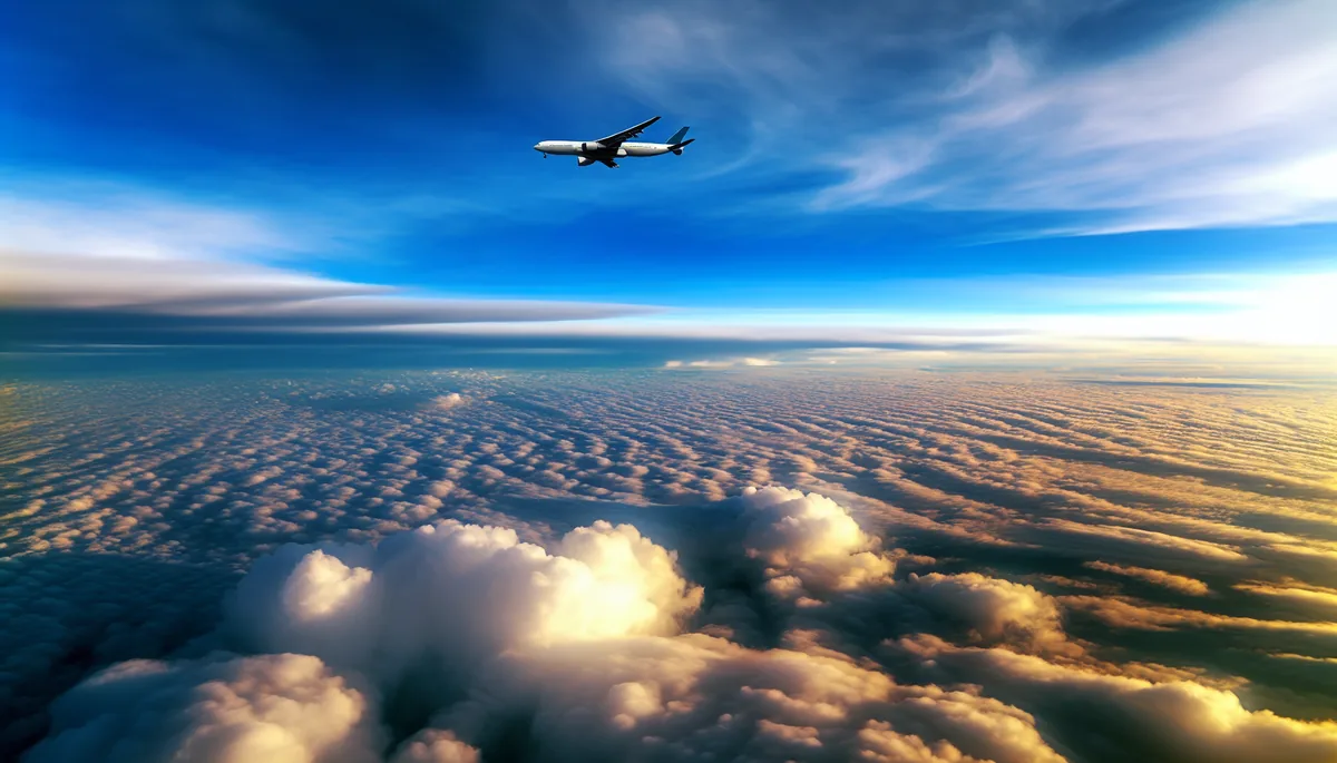 Commercial airplane flying high above a sea of white clouds against a dramatic blue sky with golden hour lighting