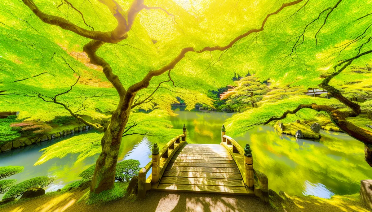 Tranquil Japanese garden in late spring with vibrant green foliage, traditional wooden bridge, and dappled sunlight filtering through trees