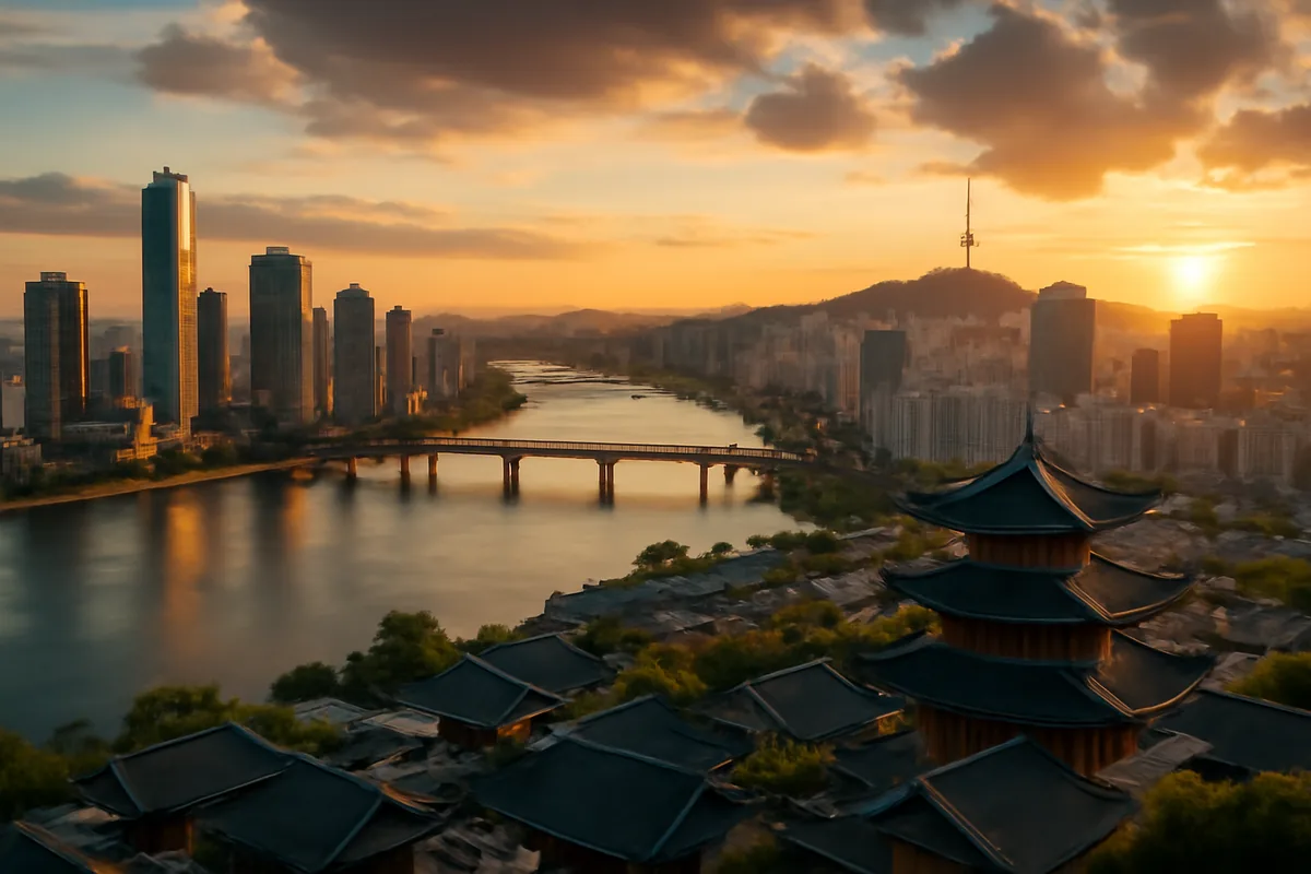 Aerial panoramic view of Seoul, South Korea at golden hour, with the Han River reflecting the city lights and a blend of modern skyscrapers and traditional architecture under a warm twilight sky.