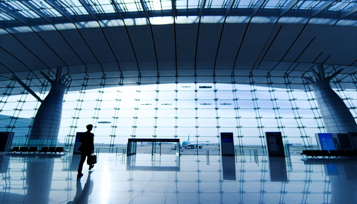 Silhouette of a traveler walking through a modern airport terminal with large windows showing aircraft on the tarmac