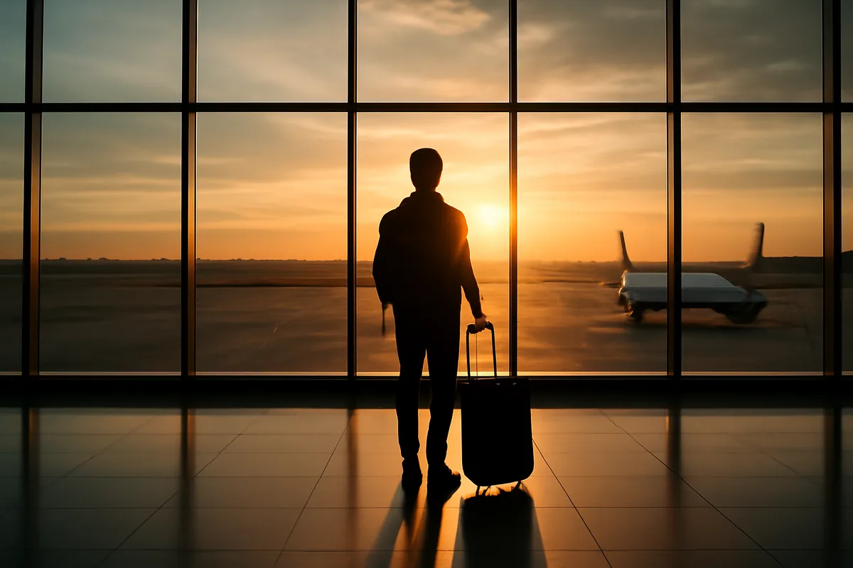A lone traveler's silhouette standing at a bright airport terminal window with planes on the tarmac visible in the warm golden hour light