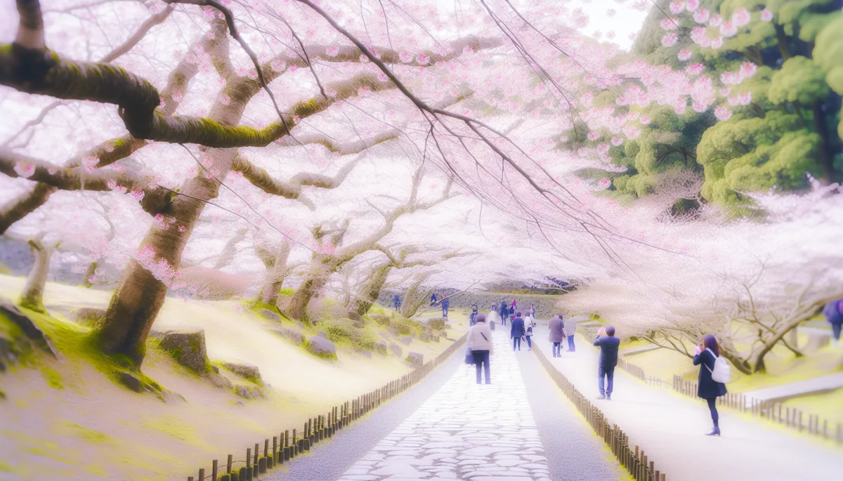 Beautiful cherry blossom trees in full bloom at a Japanese park with pink petals falling and visitors walking along pathways in soft morning light