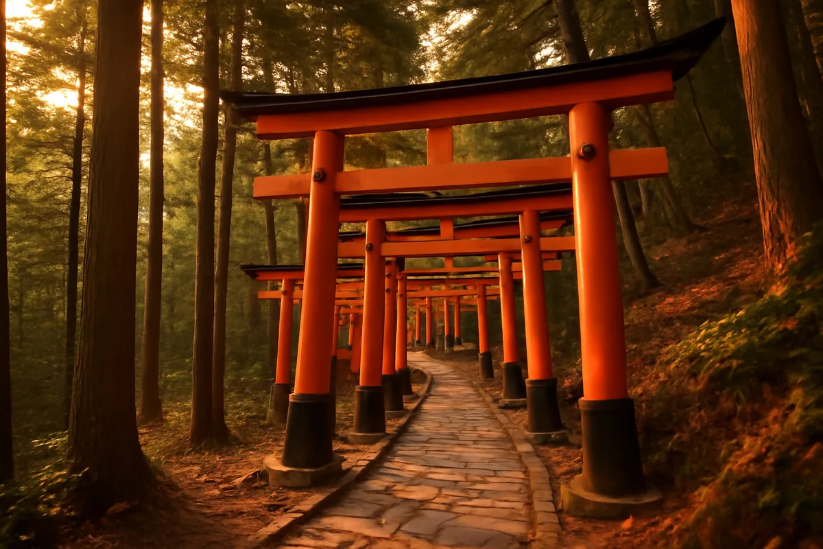 A scenic view of traditional red torii gates lining a forested mountain path at a famous Kyoto shrine during golden hour