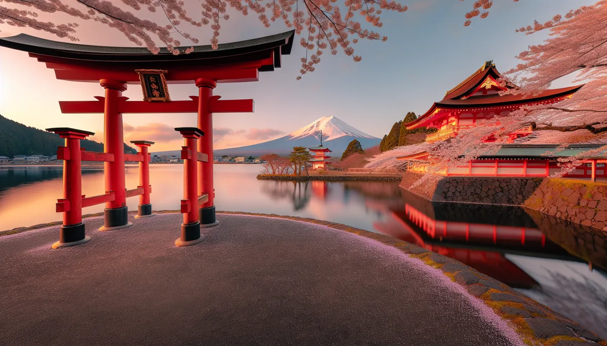 Beautiful Japanese temple with red torii gate surrounded by cherry blossoms, Mount Fuji visible in the background during golden hour