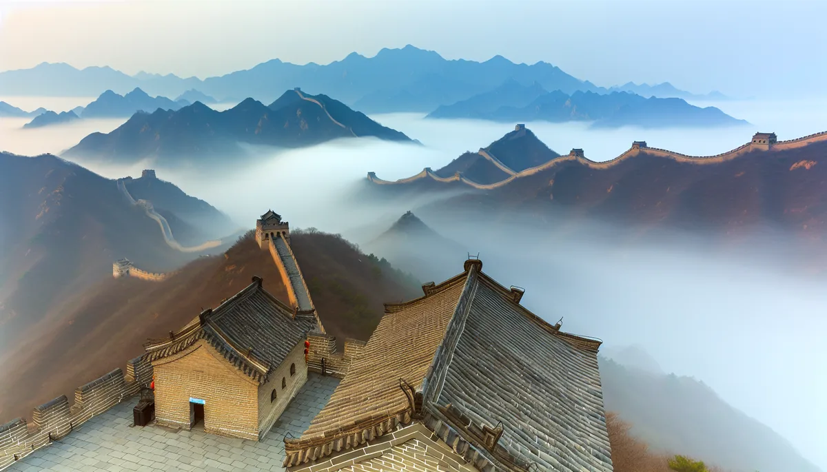 Scenic view of the Great Wall of China stretching across mountainous landscape with traditional Chinese buildings in the foreground during golden hour
