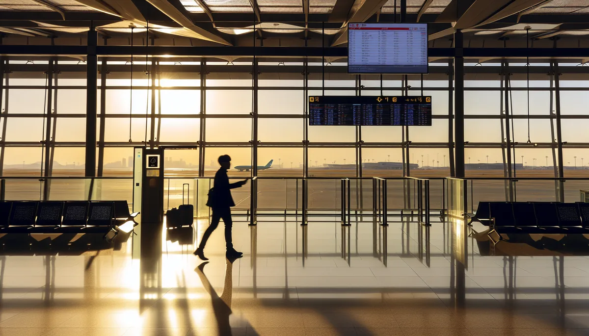 Silhouette of a traveler walking through a modern airport terminal with warm lighting and departure gates in the background