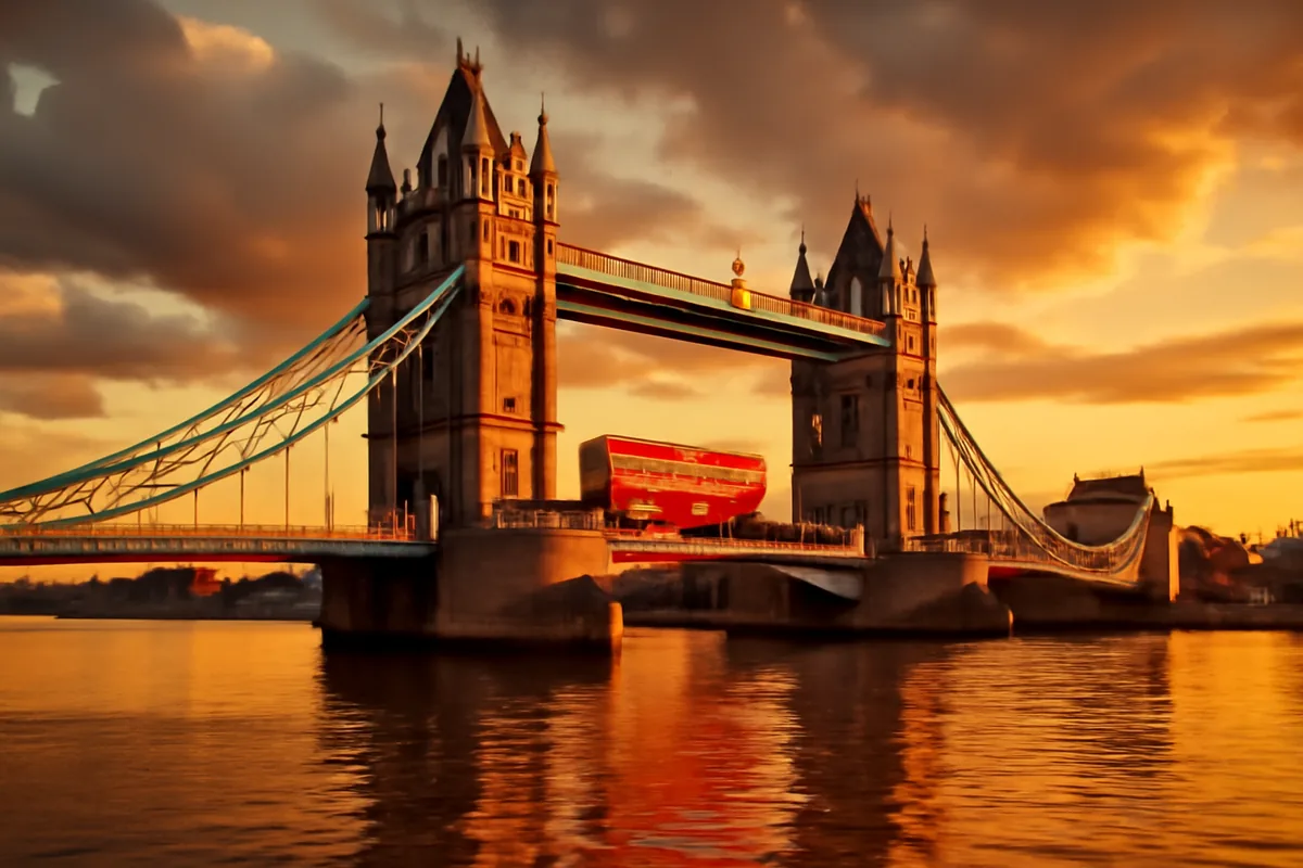 A classic red double-decker bus crossing Tower Bridge in London at golden hour, with the River Thames reflecting warm amber light and the city skyline in the background.
