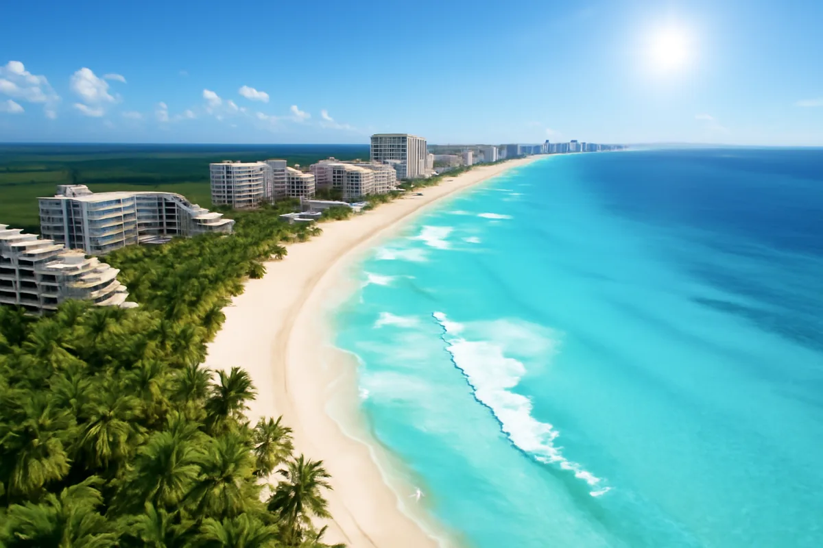 Aerial panoramic view of Cancun's turquoise Caribbean coastline with white sandy beaches, resort hotels, and tropical palm trees under a bright blue sky