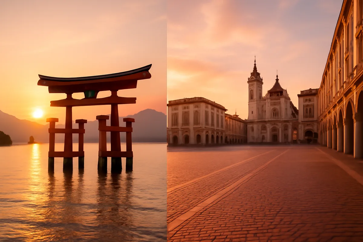 A split travel scene featuring a Japanese torii gate at sunrise alongside a European cobblestone plaza at golden hour, symbolizing international travel destinations popular with Korean travelers.