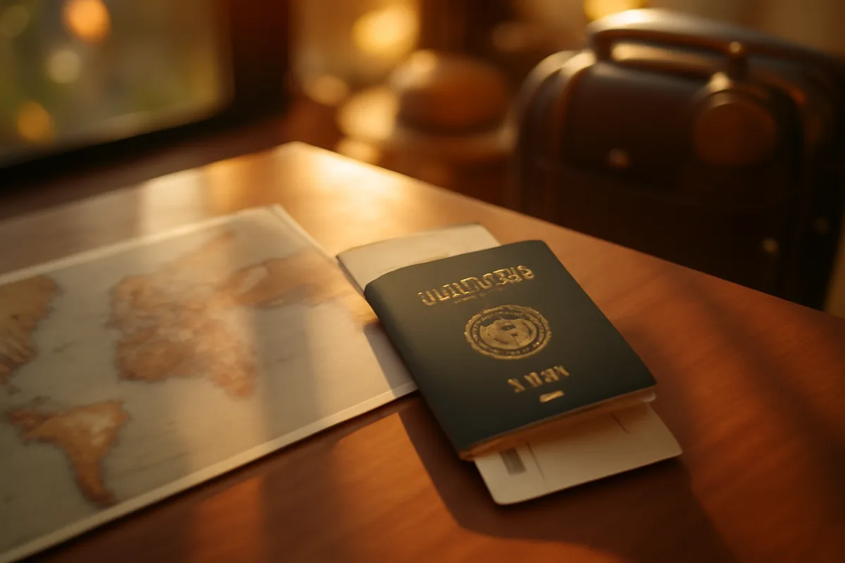 A flat-lay travel scene featuring a passport and world map on a wooden surface, bathed in warm golden light, evoking the excitement of international travel preparation.