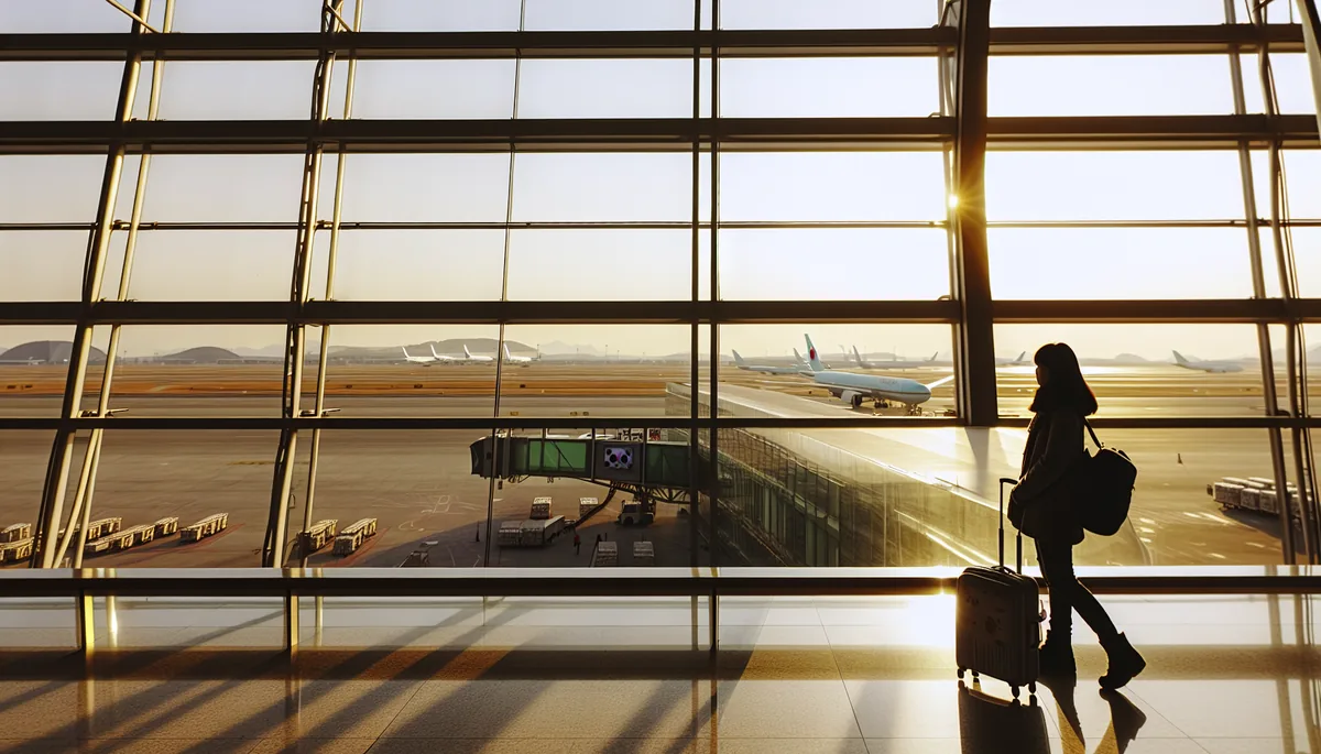 Silhouette of a traveler at an airport departure gate during golden hour, with airplanes visible on the tarmac through large terminal windows